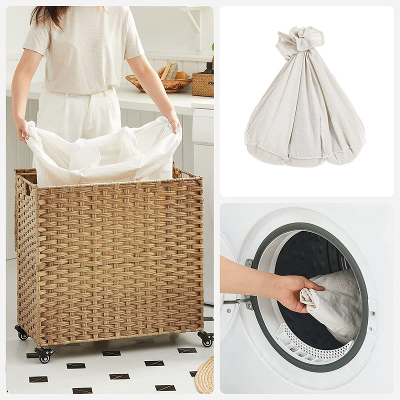 Wasmand, handgeweven, wasverzamelaar, 140 L, gemaakt van polyrattan, met 3 compartimenten, uitneembare zak, deksel, handvaten, voor woonkamer, badkamer, 66 x 33 x 60 cm, kleur naturel LCB363N01