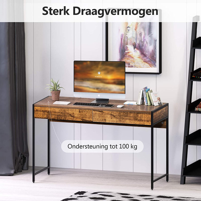 Kantoorbureau, Houten schrijftafel, met 2 lades, Computerbureau, Robuust stalen frame, Werkplek meubilair voor thuiskantoor (Antiek)