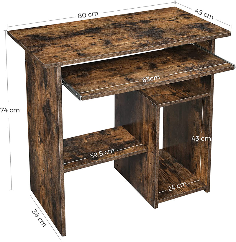 Computer bureau, Bureau met toetsenbord plank en open vakken, plank voor PC 80 x 45 x 74 cm, vintage bruin LCD852X01