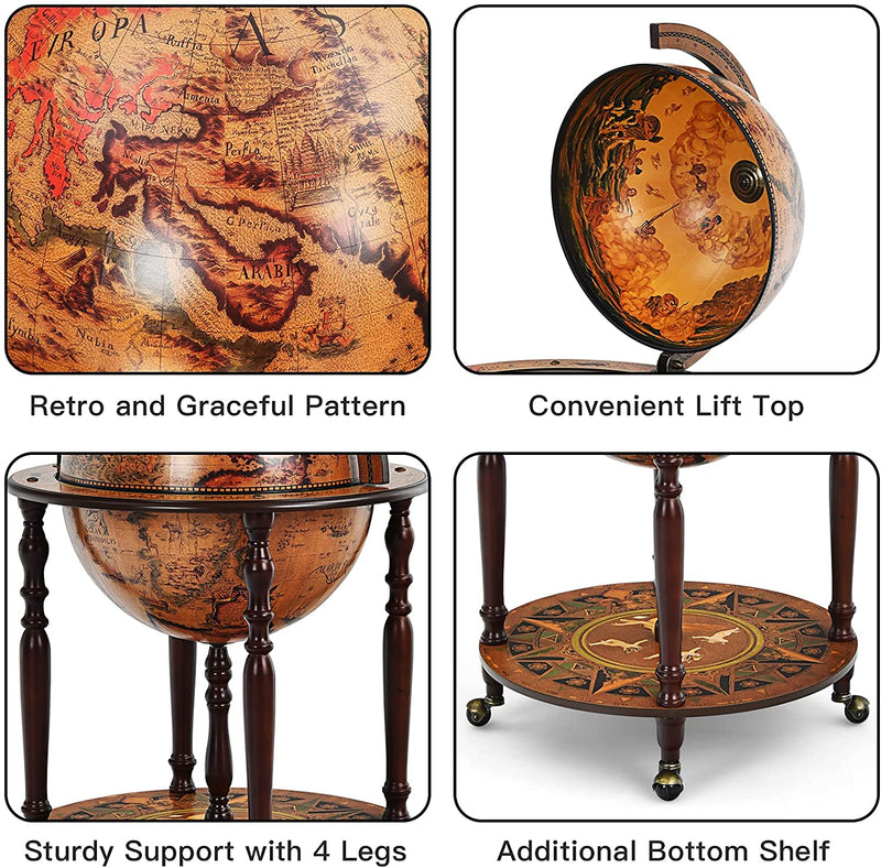 Wereldbol barwagen, wijnbar standaard, 16e eeuws italiaans wijnkast met wielen, rustiek houten wijnplank, verplaatsbaar wereldbol globebar wijnrek voor eetkamer & woonkamer, retro bruin