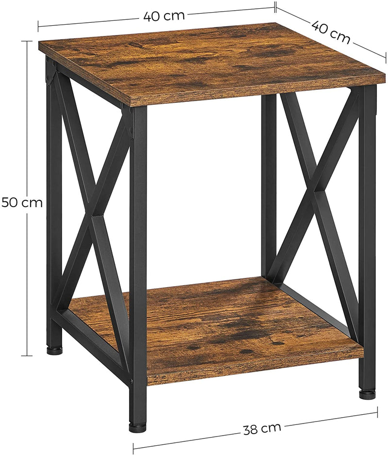Bijzettafel, nachtkastje, X-vormige stangen, stalen frame, met 2 niveaus, 40 x 40 x 50 cm, industrieel ontwerp, vintage bruin-zwart LET277B01