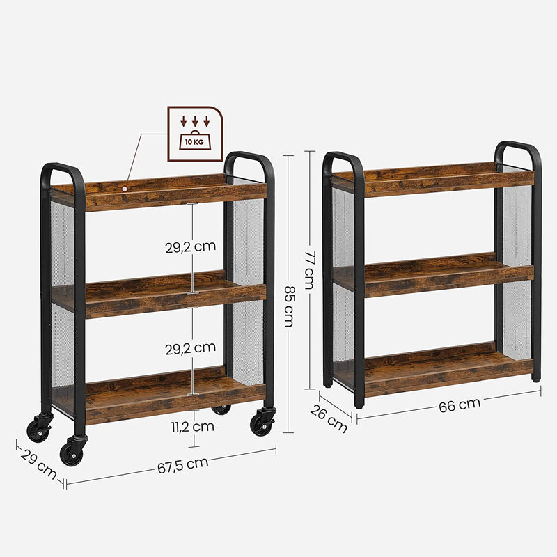 serveerwagen, ruimtebesparende keukenwagen met universele wielen, keukenplank met verstelbare poten, stevig metalen frame, 66 x 26 x 85 cm, industrieel ontwerp, vintage, donkerbruin LRC66BX