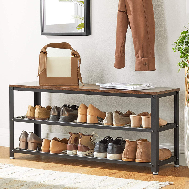 Schoenenbank, schoenenrek met 2 planken, opslag voor schoenen, 100 x 30 x 45 cm, voor entree, hal, woonkamer, metalen frame, industrieel design, vintage bruin-zwart LBS078B01