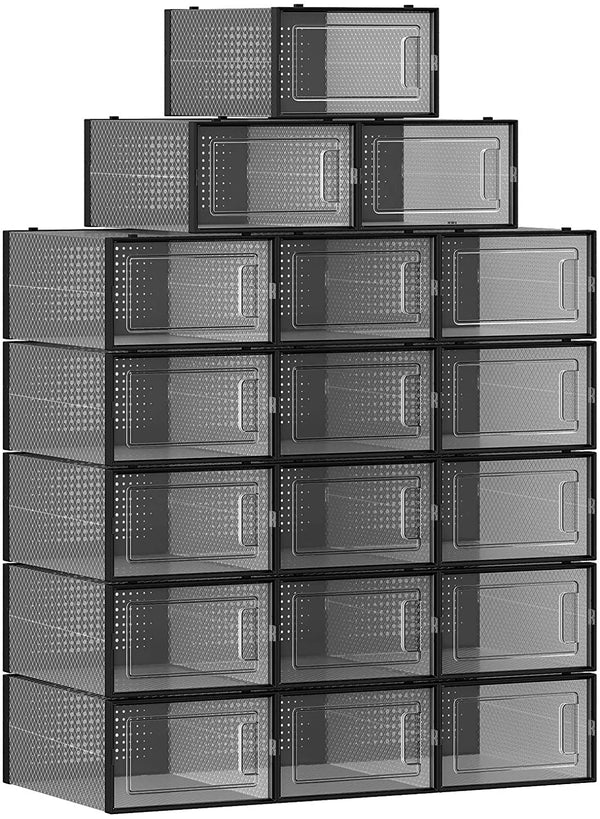 schoendozen, set van 18, opbergdozen voor schoenen, schoen organizer, plastic dozen, opvouwbaar en stapelbaar, voor schoenen tot maat 42, transparant zwart LSP18SBKV1