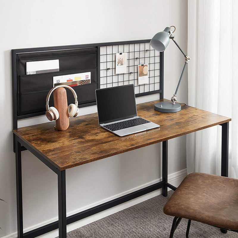 Computertafel, bureau, met raster en opbergvakken van stof, stalen frame, 118 cm lang, bruin-zwart LWD068B01