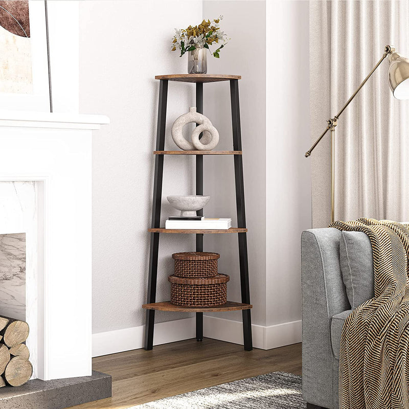 Hoekrek, staand rek, boekenkast met 4 planken, ladder-rek, stabiel stalen frame voor woonkamer, kantoor, ruimtebesparend, vintage EBF41CJ01