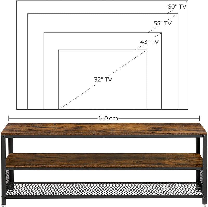 TV-tafel voor TV tot 60 inch, grote TV-kast, console, salontafel met metalen frame, slaapkamer, woonkamer, vintage bruin-zwart LTV50BX