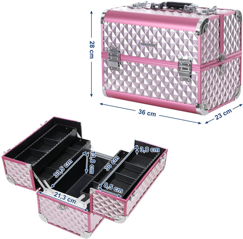 Beauty Case ,Make up koffer , Multi Case Make-up Case Vloertas Met Diamantpatroon Zilverkleurig Roze 36 x 28 x 23 cm JBC319P