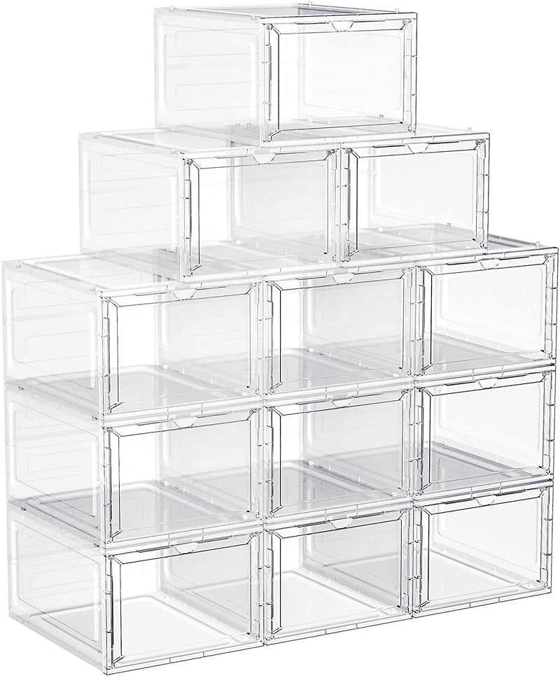 schoenendozen, schoenenopberger van kunststof, met deur, transparant, kunststof boxen, set van 12, stapelbaar, eenvoudige montage, 27 x 34,5 x 19 cm, voor schoenen tot maat 46, wit LSP032W12V1
