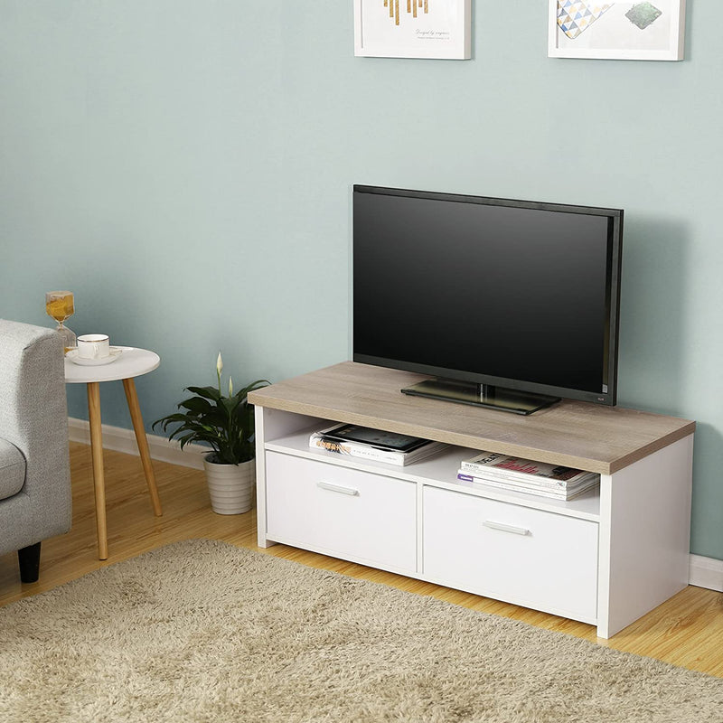 tv-tafel, tv-kast met compartimenten en vouwdeuren, tv-kast, tv-bord, lowboard, tafel tv-meubelen wit houtkleurig LTC01WN