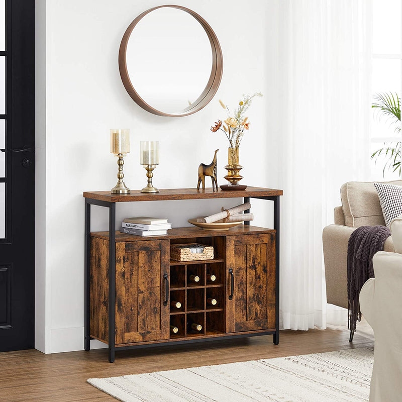 Sideboard, keukenkast, opbergkast, wijnkast, met 2 deuren, voor woonkamer, keuken, eetkamer, 100 x 35 x 81,4 cm, industriële stijl, vintage bruin-zwart LSC094B01