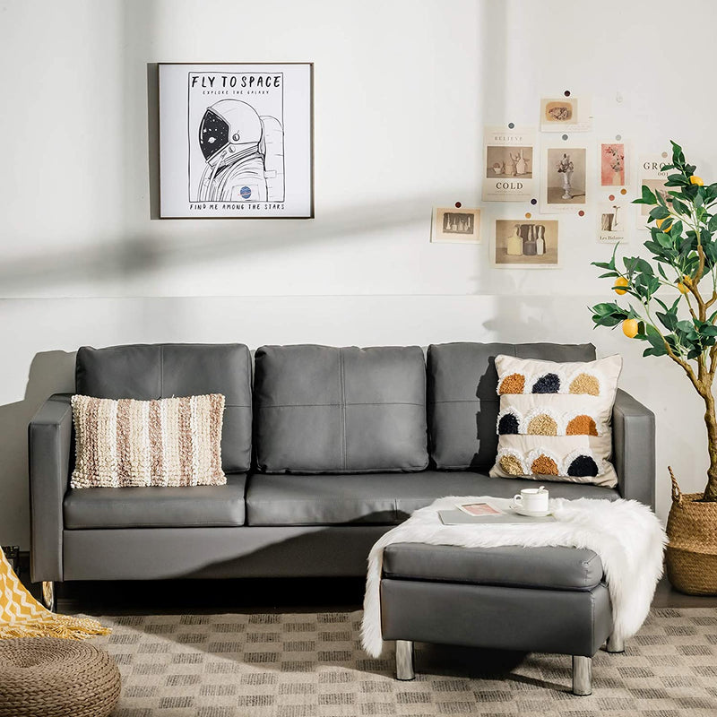 L-vormige gestoffeerde bank met omkeerbare ligstoel, ergonomische rugleuning en handgreep, massief houten frame, 3-zitsbank voor kleine woonkamer, appartement, kleine ruimte