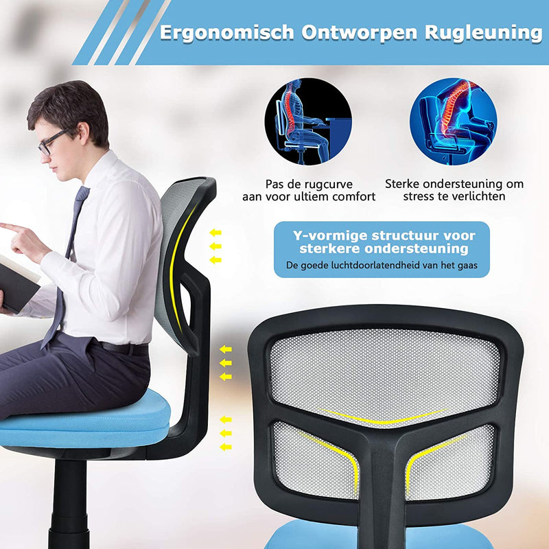 Bureaustoel met lage rugleuning, armloze computerstoel, hoogteverstelling,  360°  (Blauw)