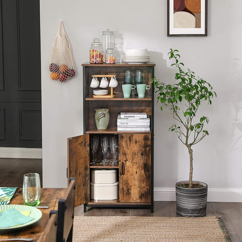 Boekenkast, kantoorkast, keukenkast met 2 open planken, verstelbare planken, multifunctioneel, industrieel design, vintage bruin-zwart