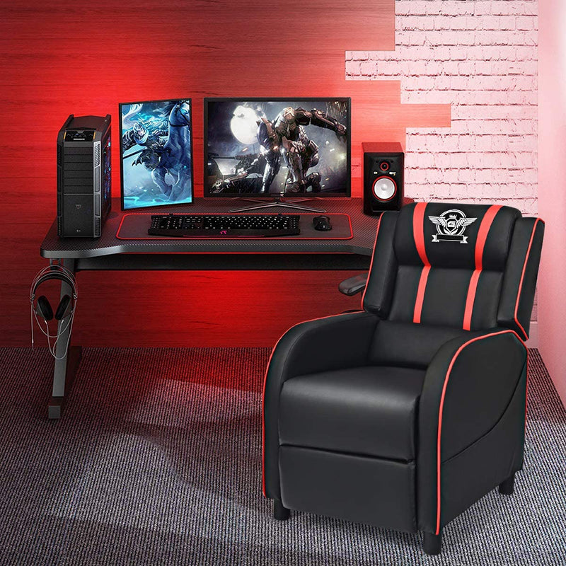 Gaming leunstoel fauteuil, PU lederen enkele leunstoel relaxstoel, verstelbare moderne woonkamer ligstoel, televisiestoel met voetsteun en lumbaal kussen, thuisbioscoop zittingen (Rood)