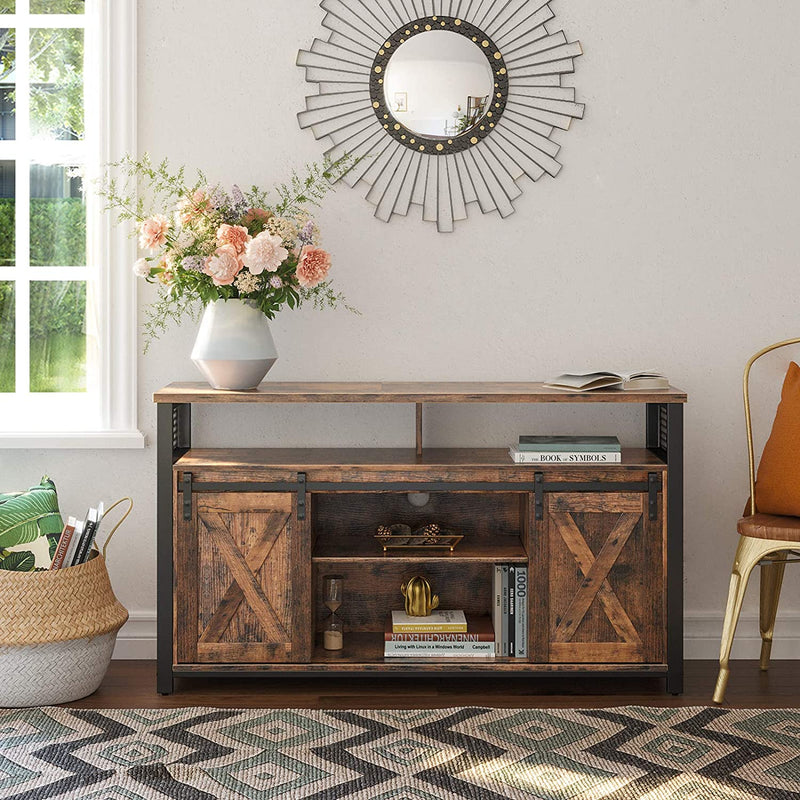 TV-kast, TV-tafel met 2 schuifdeuren,  tot 60 inch, TV-kast met verstelbare schappen, industrieel ontwerp, vintage bruin-zwart LTV46BX