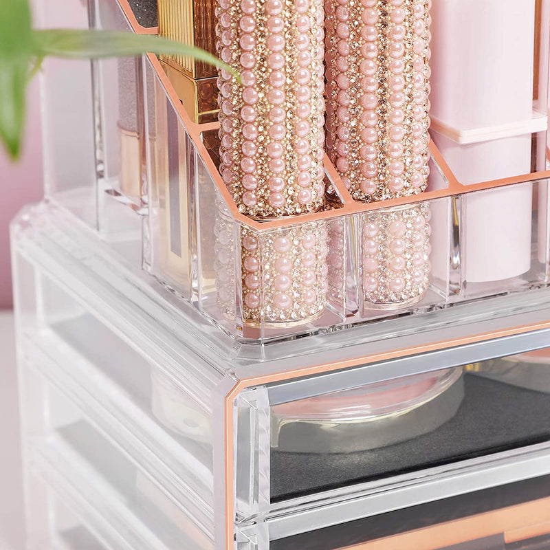 Make-up organizer, cosmetica organizer met 3 lades en 15 vakkenroségoud JKA002T01