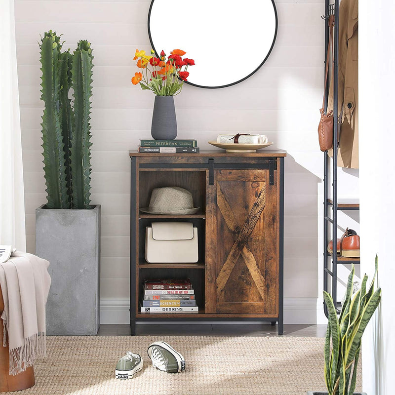 Sideboard, keukenkast met schuifdeur en verstelbare planken, badkamerkast, woonkamer, hal, keuken, thuiskantoor, stalen frame, industriële stijl, vintage bruin-zwart LSC88BX