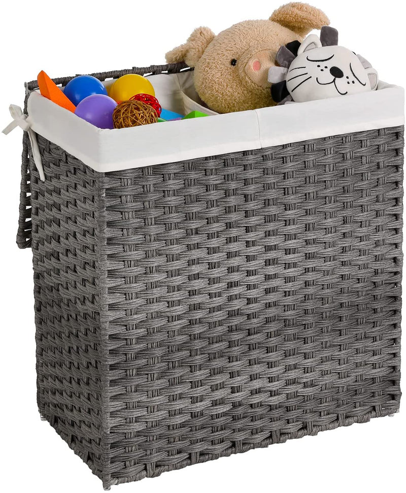 Wasmand, handgevlochten, wasmand van synthetisch rotan, met deksel en handgrepen, wassorteerder, opvouwbaar, waszak uitneembaar, grijs LCB52WG