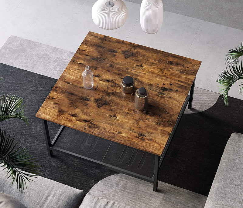 Salontafel, salontafel, gemaakt van staal, met rasterplank, vierkant, industrieel ontwerp, voor woonkamer, vintage bruin-zwart LCT065B01