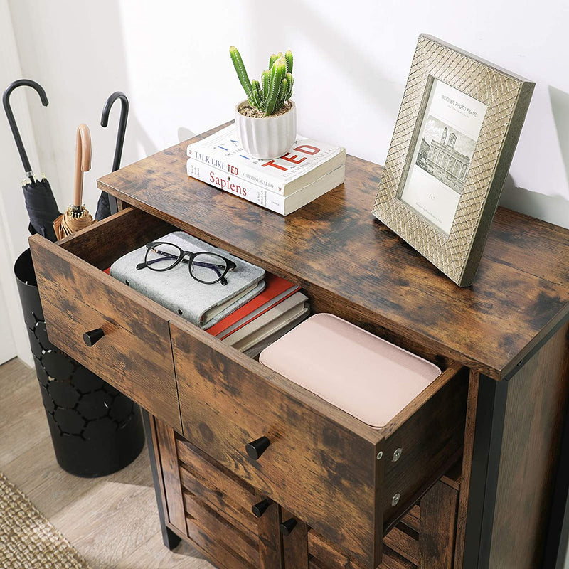 Bijzetkast, dressoir met plank en lade, keukenkast, met lamellendeuren, woonkamer, slaapkamer, werkkamer, kantoor, hal, industrieel design, vintage, donkerbruin LSC86BX