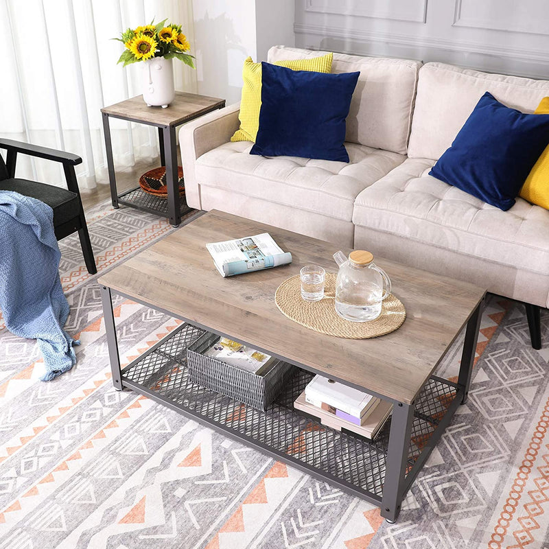 Salontafel, Salontafel Met Grote Legplank, Bijzettafel, Stabiel, Met Metalen Frame, , Houtlook, Grijs-Grijs