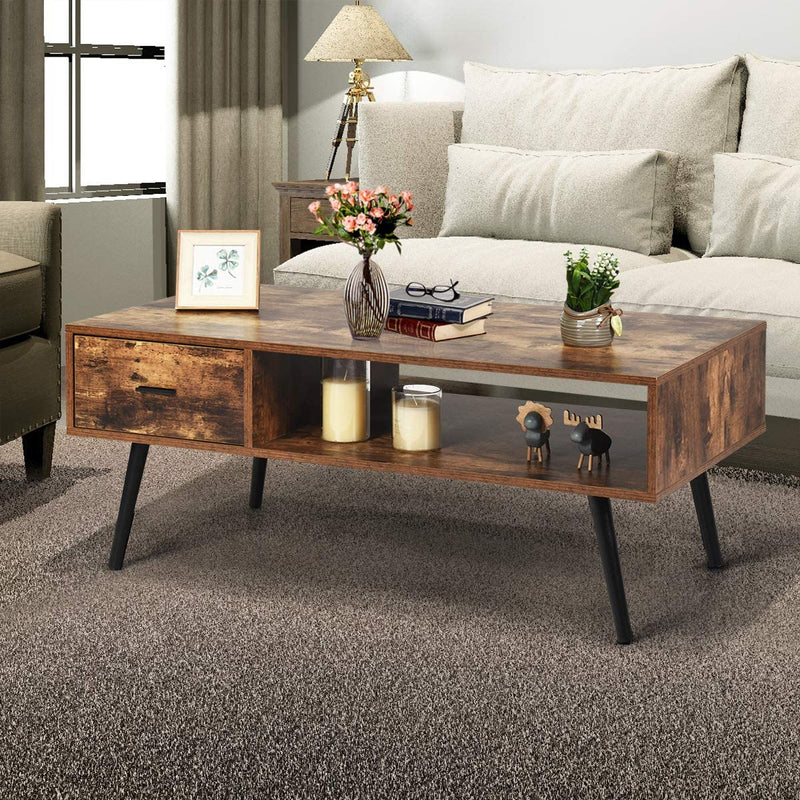 Koffietafel, salontafel, cocktailtafel, middeleeuwse moderne accenttafel met 1 lade en opbergrek voor de woonkamer, receptie, eenvoudige montage, 109 x 55 x 44,5 cm