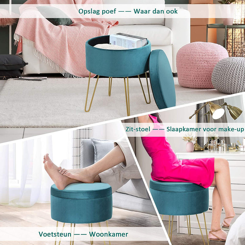 Fluwelen opbergkruk met gouden haarspeld  ronde Ottomaanse kruk met opbergruimte, r (Diep Groen)