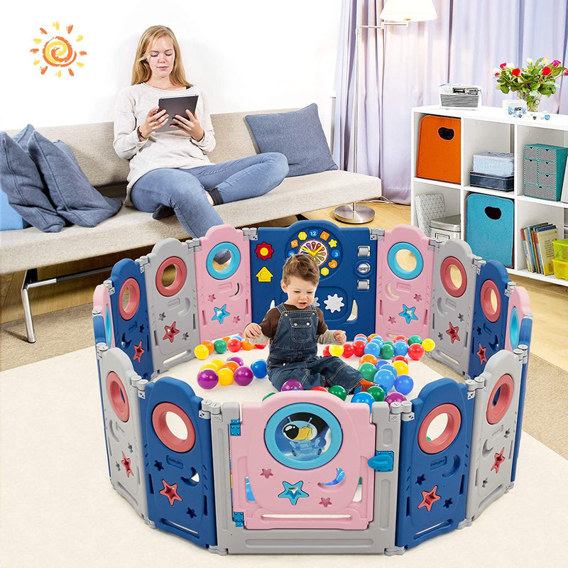 Multifunctionele baby grondbox 14/16 panelen, kinder speelbox babybox,(Donkerblauw + roze, 16 panelen)