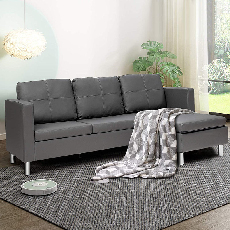 L-vormige gestoffeerde bank met omkeerbare ligstoel, ergonomische rugleuning en handgreep, massief houten frame, 3-zitsbank voor kleine woonkamer, appartement, kleine ruimte