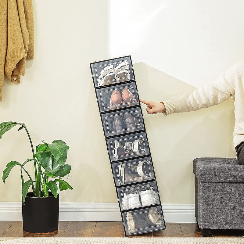schoendozen, set van 18, opbergdozen voor schoenen, schoen organizer, plastic dozen, opvouwbaar en stapelbaar, voor schoenen tot maat 42, transparant zwart LSP18SBKV1