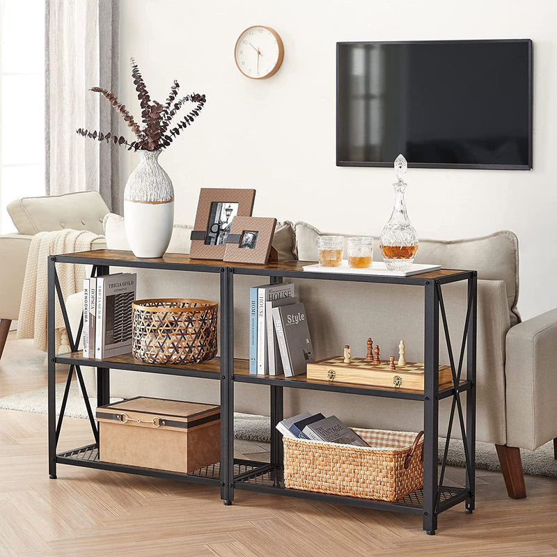 Consoletafel, smalle gangtafel met 3 niveaus, open planken, sofastafel, 140 x 30 x 75 cm, metalen frame, bijzettafel, industrieel design, woonkamer, hal, vintage bruin-zwart LNT071B01