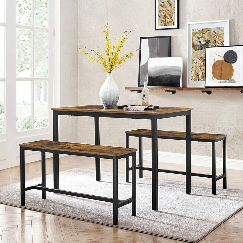 Eettafel, keukentafelset, 110 x 70 x 75 cm, met 2 banken van elk 97 x 30 x 50 cm, metalen frame, voor keuken, woonkamer, eetkamer, industrieel design, vintage bruin-zwart KDT070B01