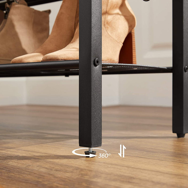 Schoenenrek, 4 roosterplanken, plaats voor 14 paar schoenen, opstaande randen, voor sneakers, hoge hakken, slippers, industriële stijl, vintage bruin-zwart