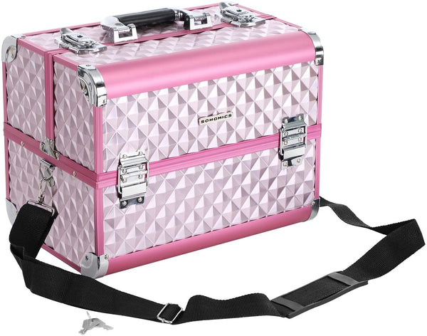 Beauty Case ,Make up koffer , Multi Case Make-up Case Vloertas Met Diamantpatroon Zilverkleurig Roze 36 x 28 x 23 cm JBC319P