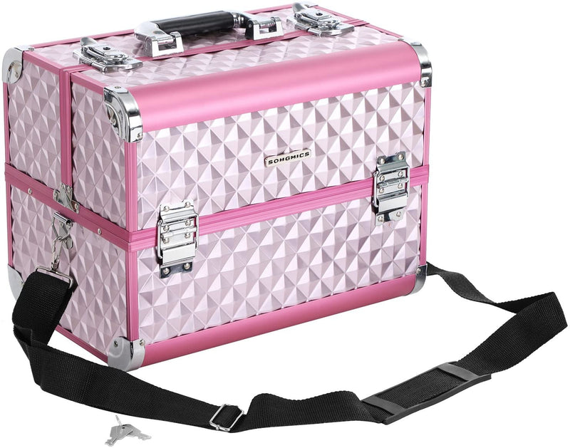 Beauty Case ,Make up koffer , Multi Case Make-up Case Vloertas Met Diamantpatroon Zilverkleurig Roze 36 x 28 x 23 cm JBC319P