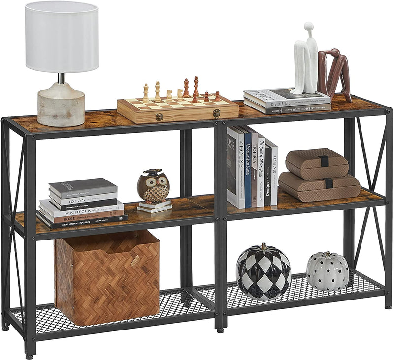Consoletafel, smalle gangtafel met 3 niveaus, open planken, sofastafel, 140 x 30 x 75 cm, metalen frame, bijzettafel, industrieel design, woonkamer, hal, vintage bruin-zwart LNT071B01