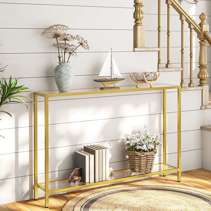 Consoletafel met planken, 120 cm bijzettafel, hardglas, ingangstafel, moderne banktafel, tentoonstellingstafel, metalen frame, voor woonkamer, hal, goudkleurig EGD05XG01