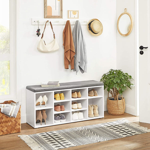 Schoenenbank, schoenenrek, schoenenopslag, zitbank, 10 vakken, met bekleding, voor de entree, hal, slaapkamer, 104 x 30 x 48 cm, wit LHS10WT
