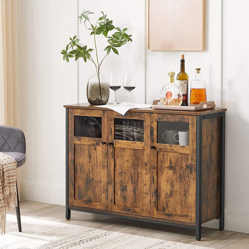 Sideboard, keukenkast, opbergkast, met glazen deuren, voor woonkamer, keuken, eetkamer, stalen frame, industriële stijl, vintage bruin-zwart LSC099B01