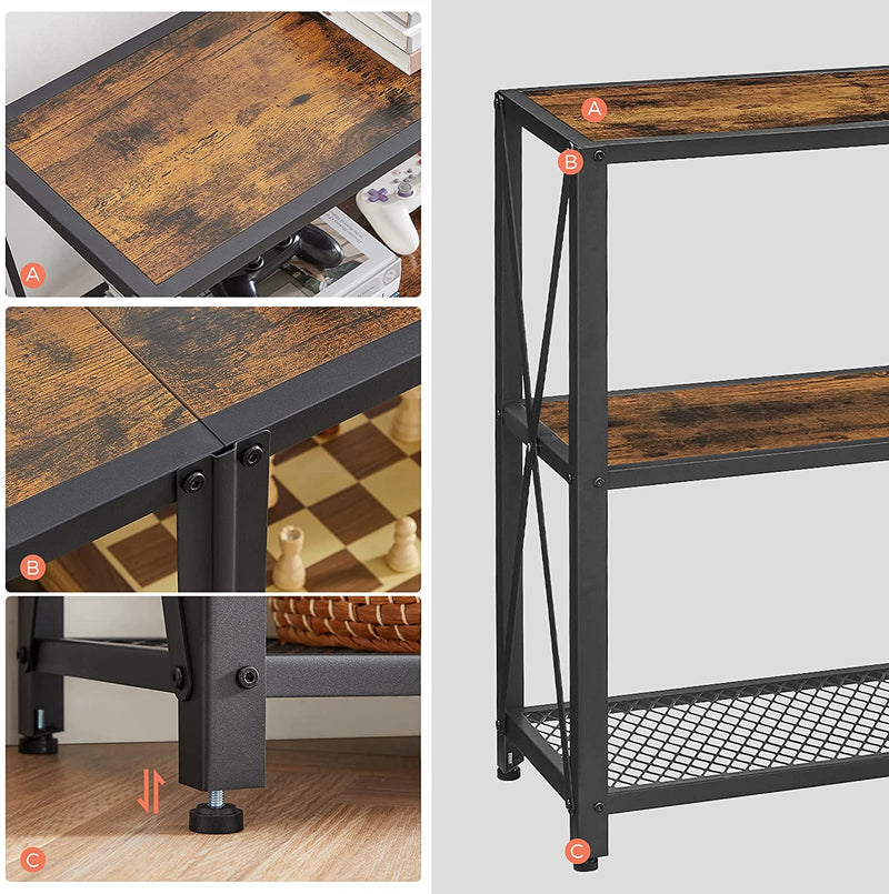 Consoletafel, smalle gangtafel met 3 niveaus, open planken, sofastafel, 140 x 30 x 75 cm, metalen frame, bijzettafel, industrieel design, woonkamer, hal, vintage bruin-zwart LNT071B01