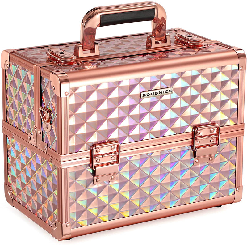 beautycase, beautycase, opbergruimte voor make-up, organizer voor op reis, voor kappers en visagisten, naaiaccessoires, afsluitbare doos met draagriem, metallic rosé goud JBC323RD