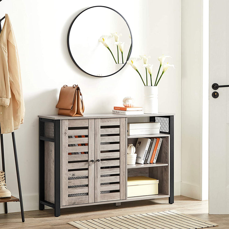 Sideboard, kast met 2 deuren, verstelbare planken, voor eetkamer, woonkamer, keuken, 110 x 33 x 75 cm, industrieel design, grijpzwart LSC083B02