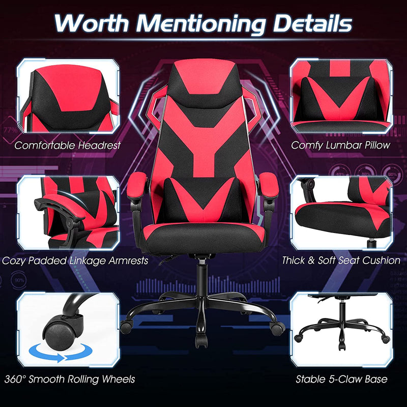 Hoge rugleuning gamingstoel, verstelbare racing style draaibare werkstoel met lendensteun en gevoerde armleuningen,  (Rood)