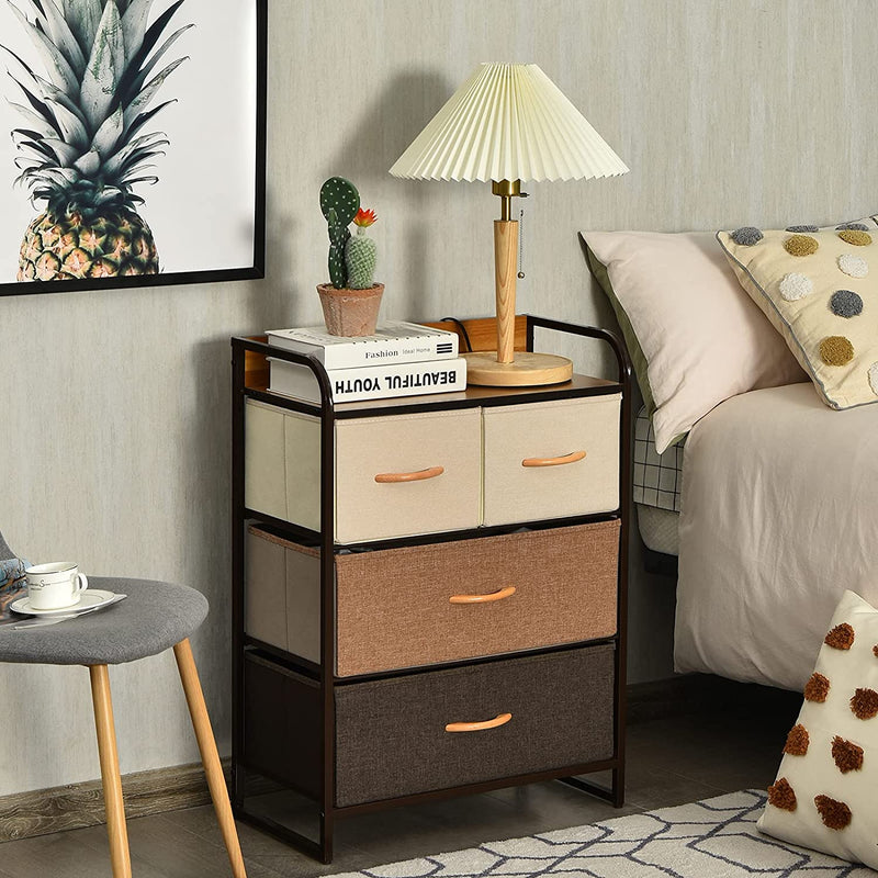 4/5 ladenkast opberg toren, opvouwbare stoffen laden, handige ladekast met stevig stalen frame en houten top voor hal, slaapkamer (58 x 29 x 79 cm / 4 laden)
