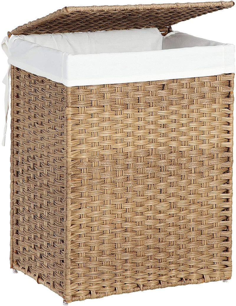 wasmand handgeweven, 90 L, wasbak gemaakt van synthetisch rotan, met deksel en handvatten, opvouwbaar, waszak afneembaar, natuurlijke kleur LCB51NL