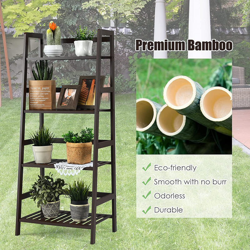 4 Laags bamboe plantenstandaard ladderplank, rustieke planten bloemstandaard bloemenrek, multifunctionele vrijstaande opberg  (Donker koffie)