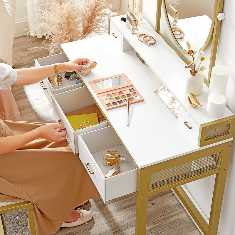 makeup table, kaptafel met spiegel ,met krukje, cosmeticatafel met ovale spiegel en open vak, lades,  wit-goud