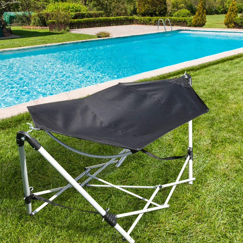 Draagbare opvouwbare hangmat, buiten afneembare opvouwbare hangmat met vrijstaande frame inclusief draagtas voor eenvoudig reizen, perfect voor achtertuin zwembad strand wandelen kamperen (Zwart)
