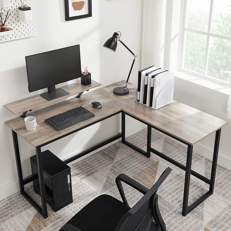 Bureau, L-vormig computerbureau met beweegbare monitorbevestiging, hoekbureau,  greige-zwart LWD056B02